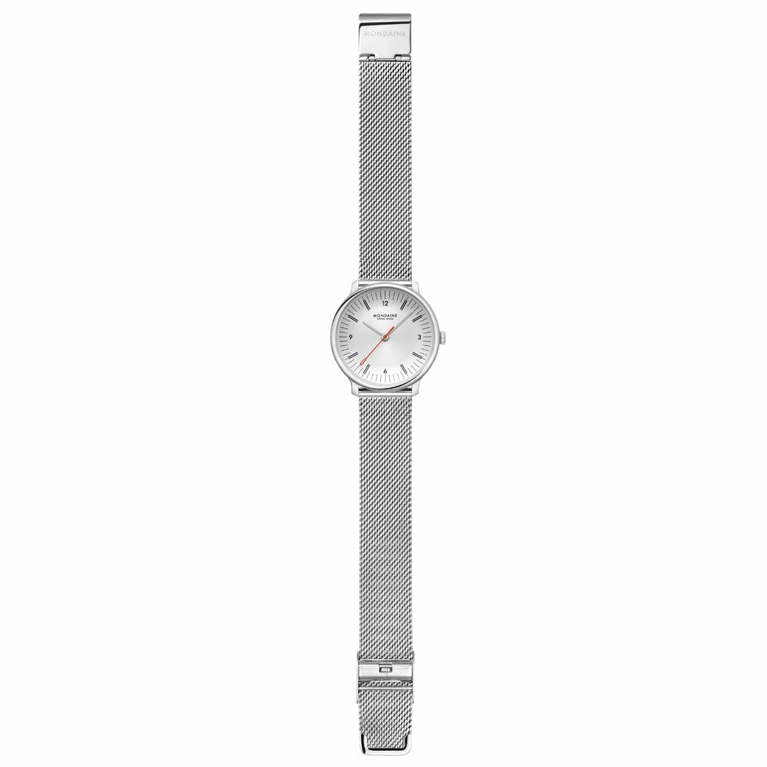 Mondaine Doppio White Dial Silver Mesh Bracelet Watch MLE.33110.SM