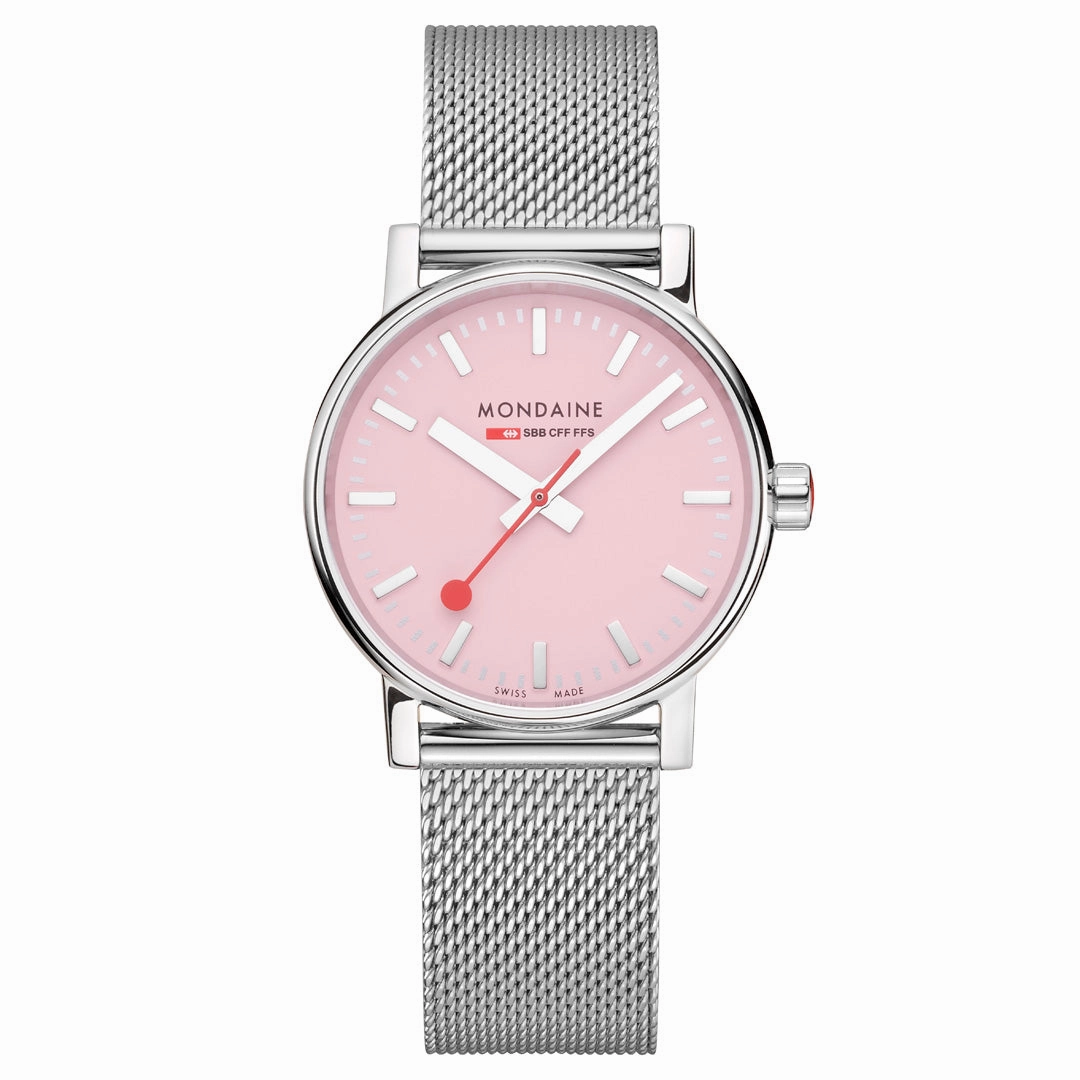 Mondaine Official Swiss Railways Evo2 35mm Sunrise Pink Watch MSE.35130.SM,quartz watch, quartz watches for men, quartz watches for women, best quartz watch, minimalist quartz watch, luxury quartz watch, waterproof quartz watch,analog quartz watch, digital