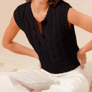 Notched Neck Cable Knit Sweater Vest In Black