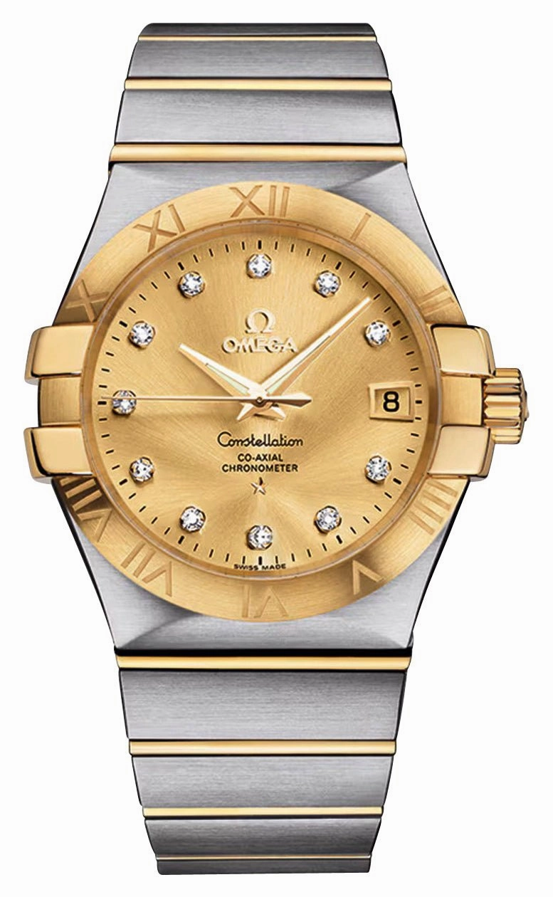 Omega Constellation Automatic Chronometer Stainless Steel & 18K Yellow Gold Champagne Dial Diamonds Date Unisex Watch 123.20.35.20.58.001 Women??s luxury watches Affordable women watches