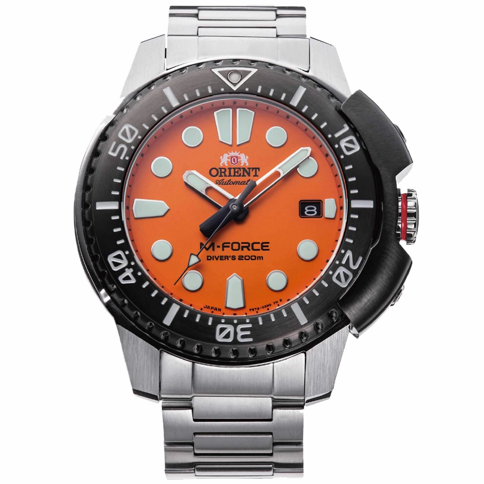 Orient Men's Automatic Watch - M-Force Dive Orange Dial Bracelet | RA-AC0L08Y00B,automatic watch,automatic watches for men,automatic watches for women,luxury automatic watch,minimalist automatic watch,dress automatic watch,vintage automatic watch,automati