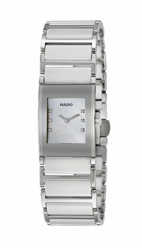 Rado Integral Jubile Stainless Steel and White Ceramic Quartz Mother of Pearl Dial Diamonds Womens Watch R20747901 Women??s luxury watches Affordable women watches