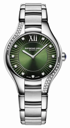 Raymond Weil Noemia Stainless Steel Green Dial Diamonds Quartz Womens Watch 5132-S1S-52181 Women??s luxury watches Affordable women watches