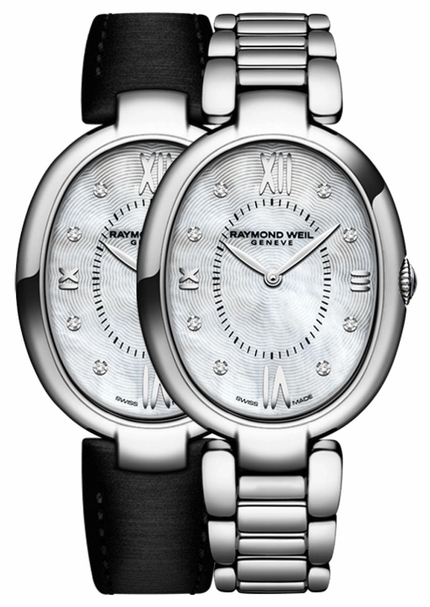 Raymond Weil Shine Stainless Steel Oval Case Diamonds Mother-of-Pearl Dial Interchangeable Black Satin Strap Quartz Womens Watch 1700-ST-00995