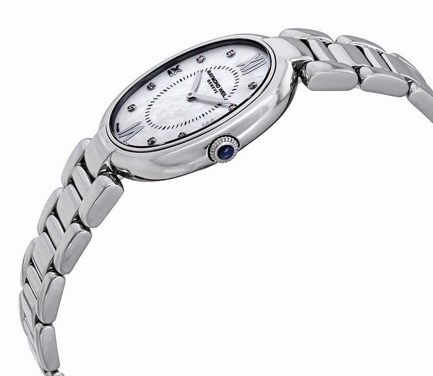 Raymond Weil Shine Stainless Steel Oval Case Diamonds Mother-of-Pearl Dial Interchangeable Black Satin Strap Quartz Womens Watch 1700-ST-00995