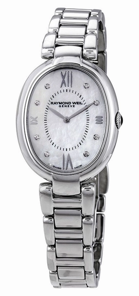 Raymond Weil Shine Stainless Steel Oval Case Diamonds Mother-of-Pearl Dial Interchangeable Black Satin Strap Quartz Womens Watch 1700-ST-00995 Women??s luxury watches Affordable women watches