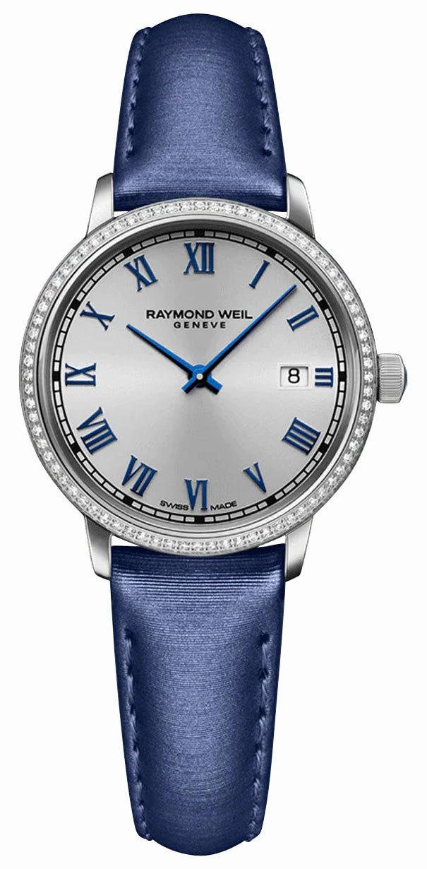 Raymond Weil Toccata Stainless Steel Silver Dial Blue Satin Strap Diamonds Date Quartz Womens Watch 5985-SCS-00653 Women??s luxury watches Affordable women watches