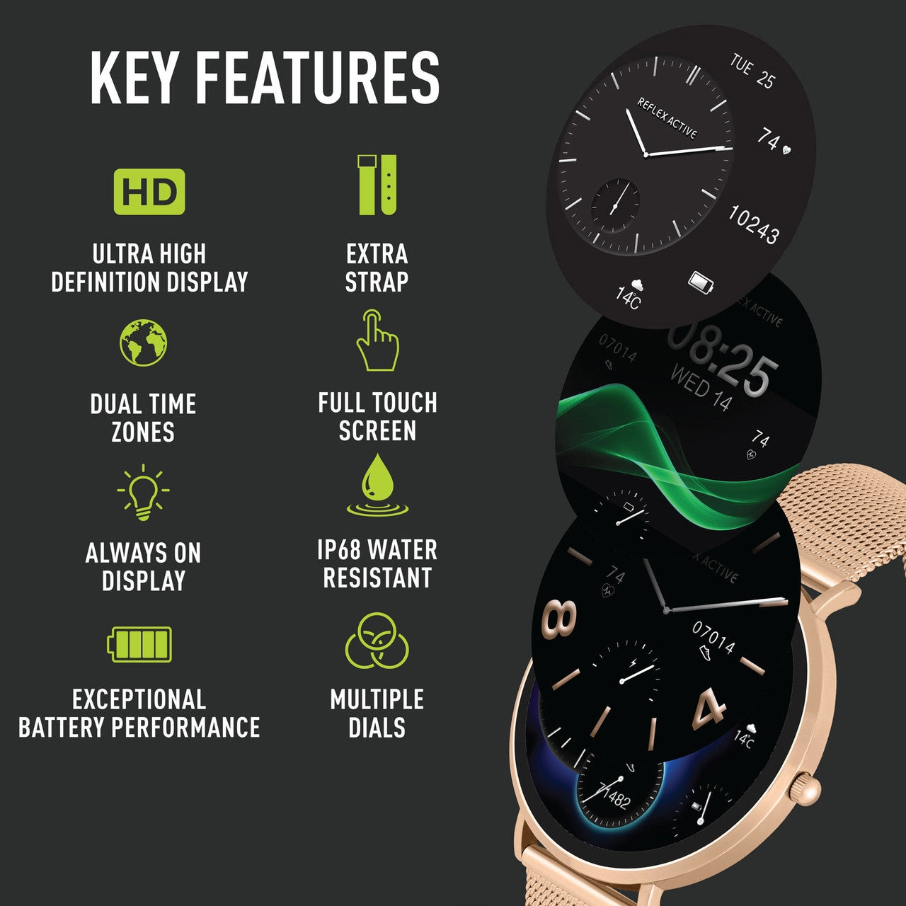 Reflex Active SERIES 42 AMOLED Ultra Slim RG Mesh   Pink Silicone Strap Smart Watch RA42-2210