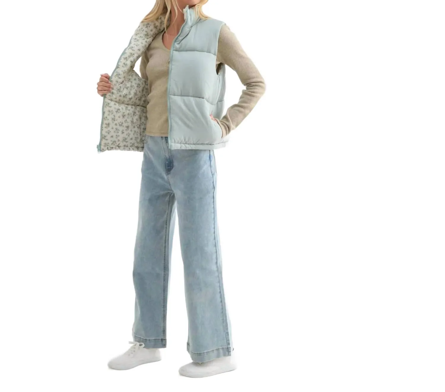 Reversible Floral Puffer Vest In Dark Sage/cream