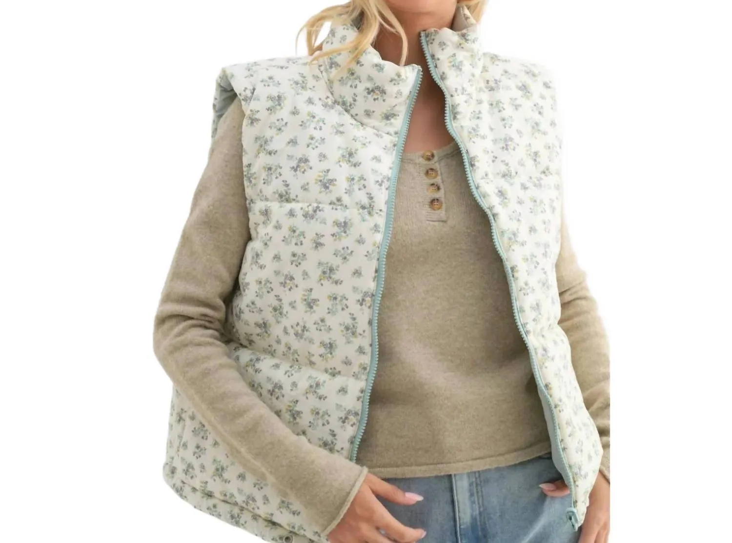 Reversible Floral Puffer Vest In Dark Sage/cream