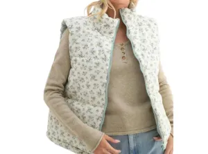 Reversible Floral Puffer Vest In Dark Sage/cream