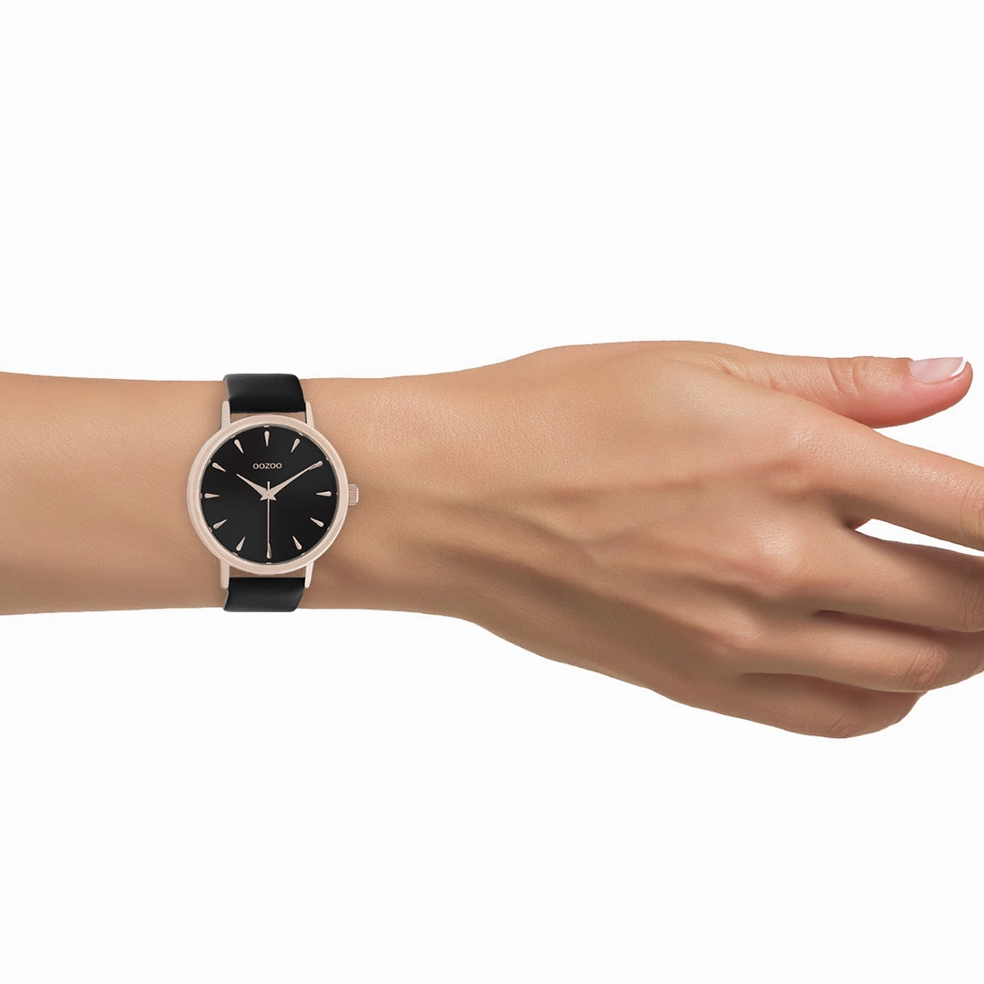 Rose gold coloured OOZOO watch with black leather strap - C10829