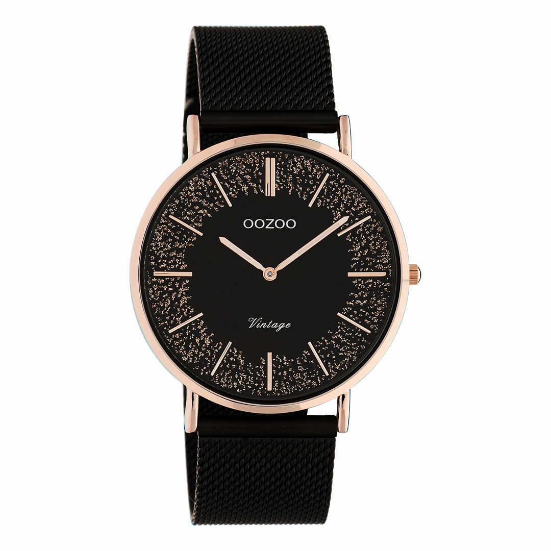 Rose gold coloured OOZOO watch with black metal mesh bracelet - C20142,seiko watches,mens watches,couple watches,watches designer,watches discount,best watches for men