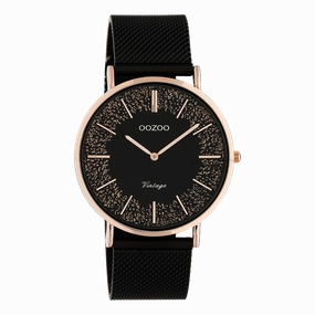 Rose gold coloured OOZOO watch with black metal mesh bracelet - C20142,seiko watches,mens watches,couple watches,watches designer,watches discount,best watches for men