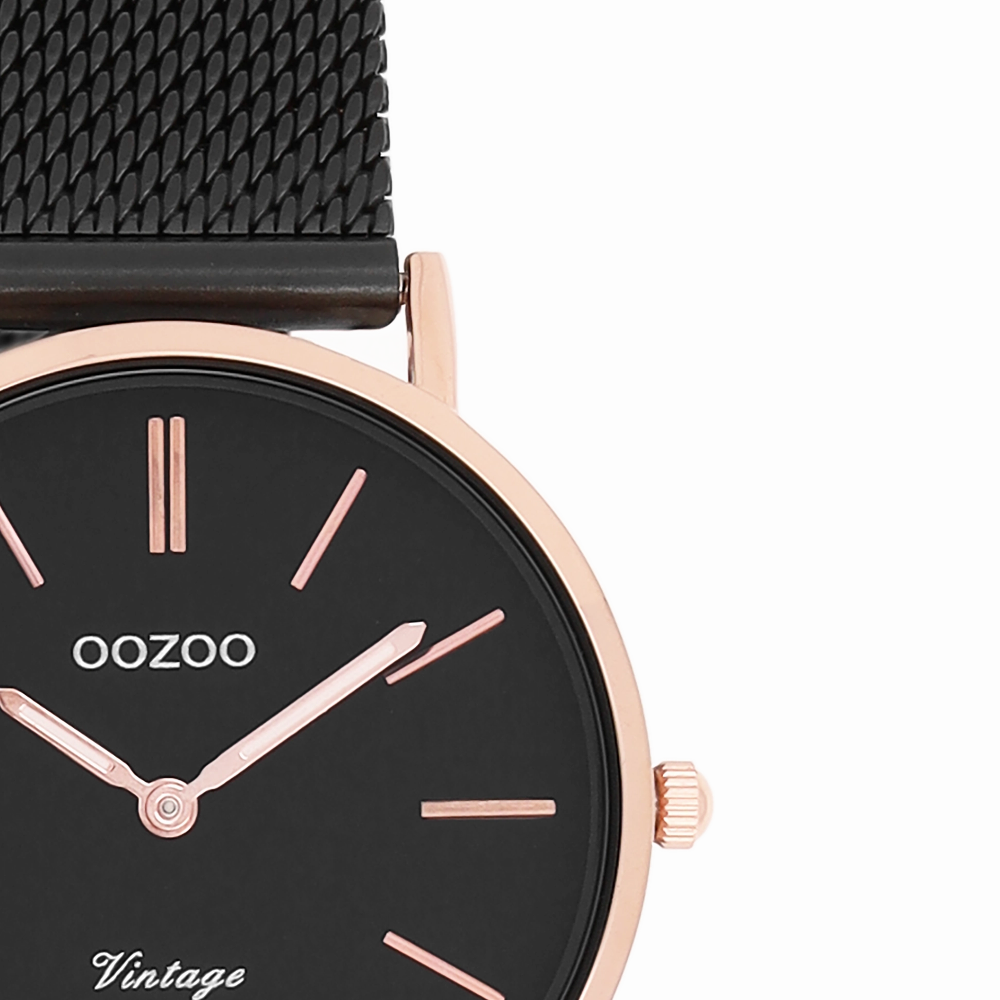 Rose gold coloured OOZOO watch with black metal mesh bracelet - C8871