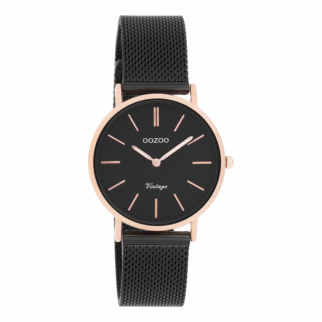 Rose gold coloured OOZOO watch with black metal mesh bracelet - C8871,seiko watches,couple watches,watches designer,watches discount,women watches,best women watches,high end women's watches,high quality women's watches