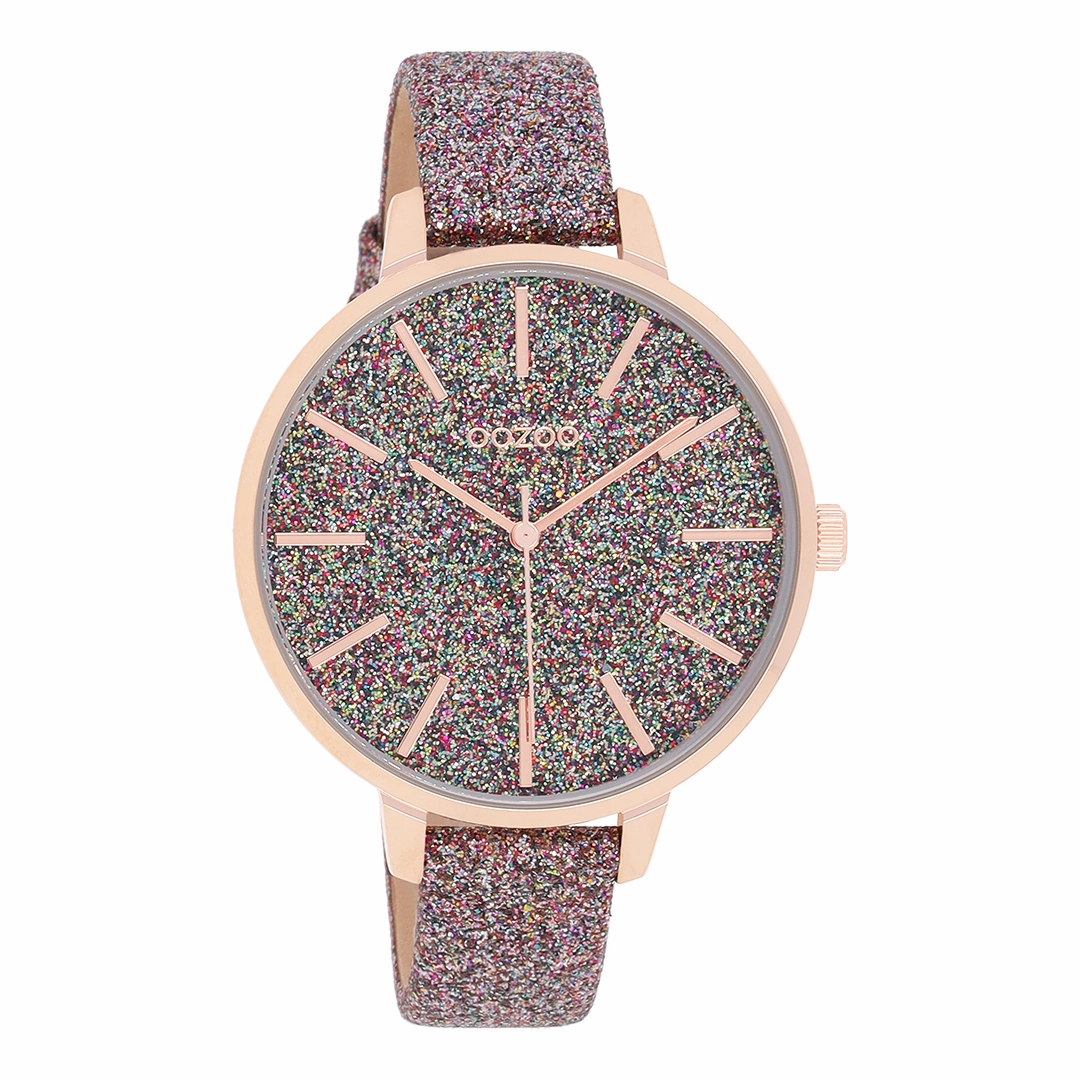 Rose gold coloured OOZOO watch with multicolor leather strap - C11032,seiko watches,couple watches,watches designer,watches discount,women watches,best women watches,high end women's watches,high quality women's watches