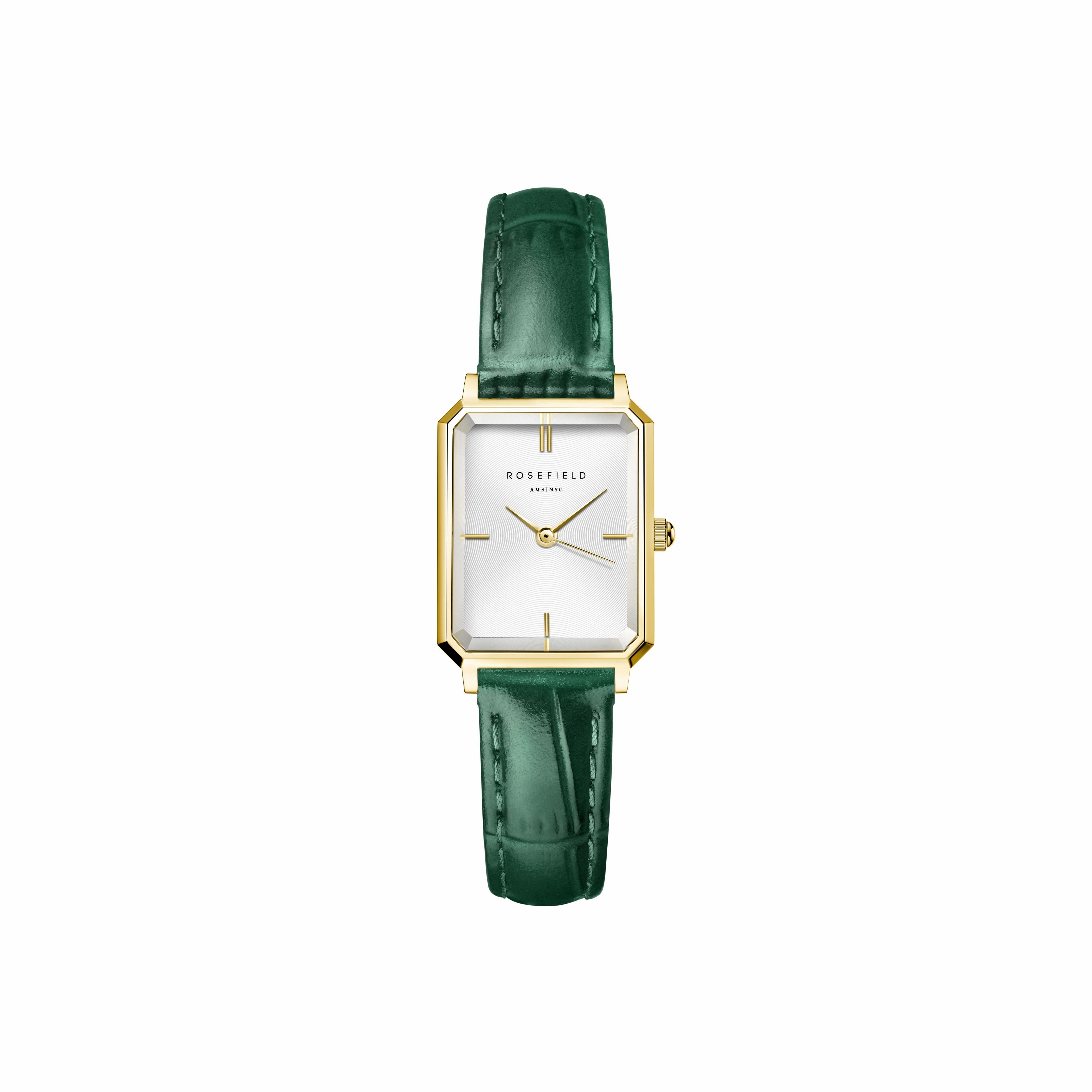 Rosefield Octagon XS White Gold  Emerald Croco Leather Watch OWGLG-O86 