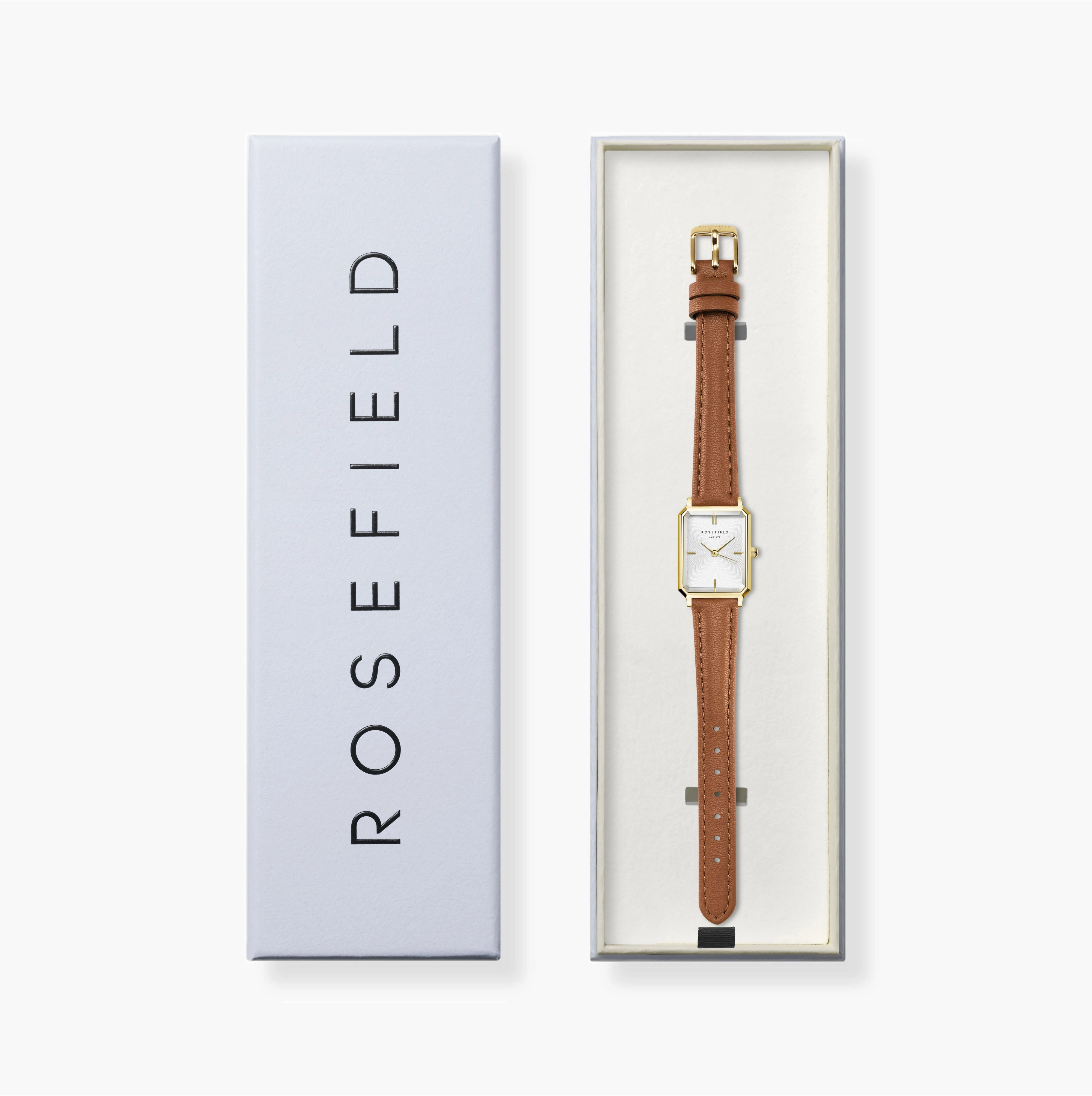 Rosefield Octagon XS White Gold  Light Brown Leather Watch OWBLG-O85