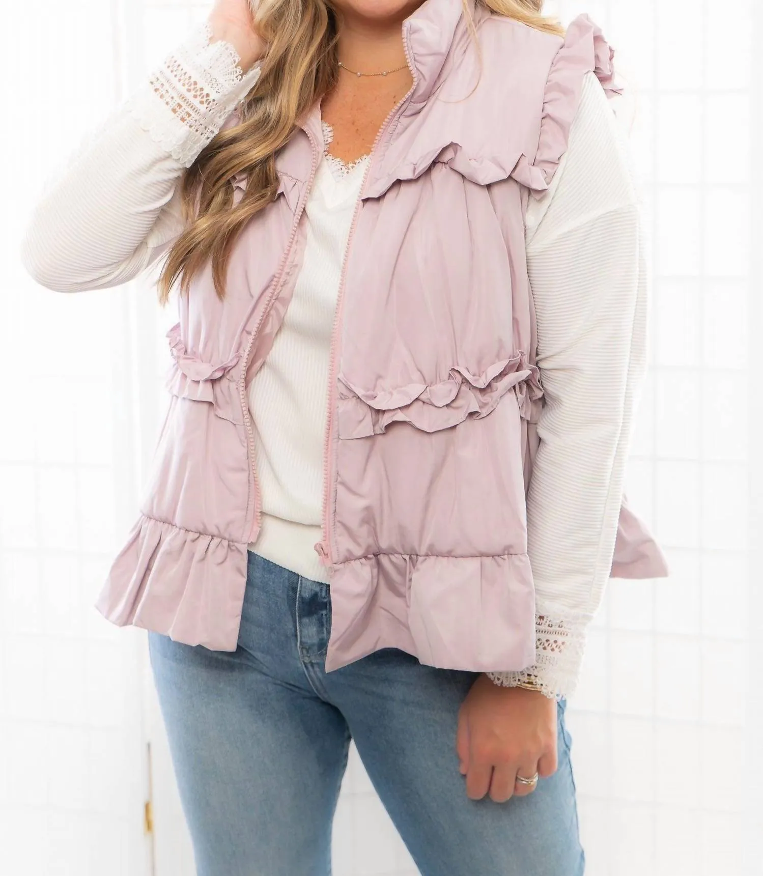 Ruffle Trimer Vest In Pink