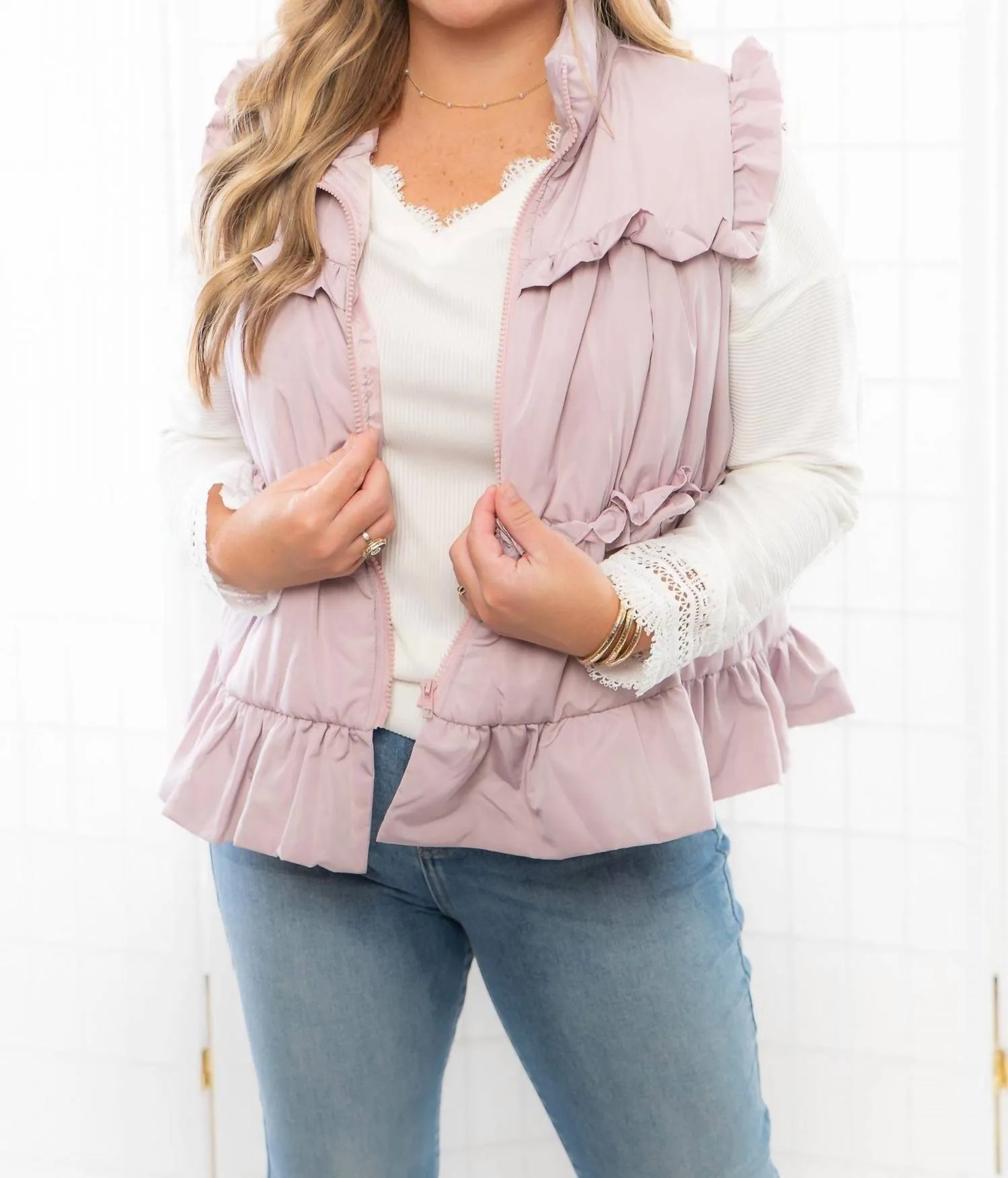 Ruffle Trimer Vest In Pink