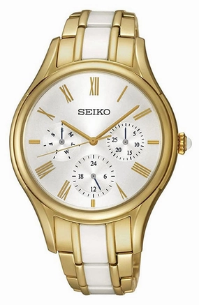 Seiko Gold PVD Steel & White Ceramic Silver Dial Quartz Womens Watch SKY718P1 Women??s luxury watches Affordable women watches