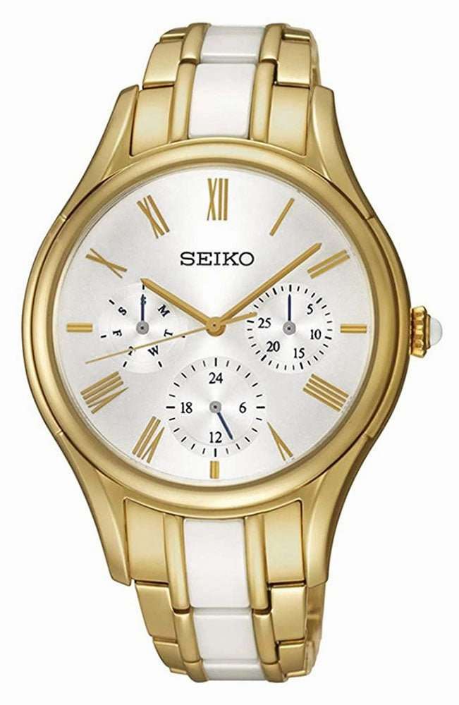 Seiko Gold PVD Steel & White Ceramic Silver Dial Quartz Womens Watch SKY718P1 Women??s luxury watches Affordable women watches