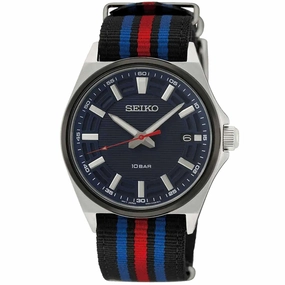 Seiko Men's Watch - Essentials Silver Tone Case Black, Blue, Red Strap | SUR509P1 Luxury Quartz Watch Quartz Watch Sale