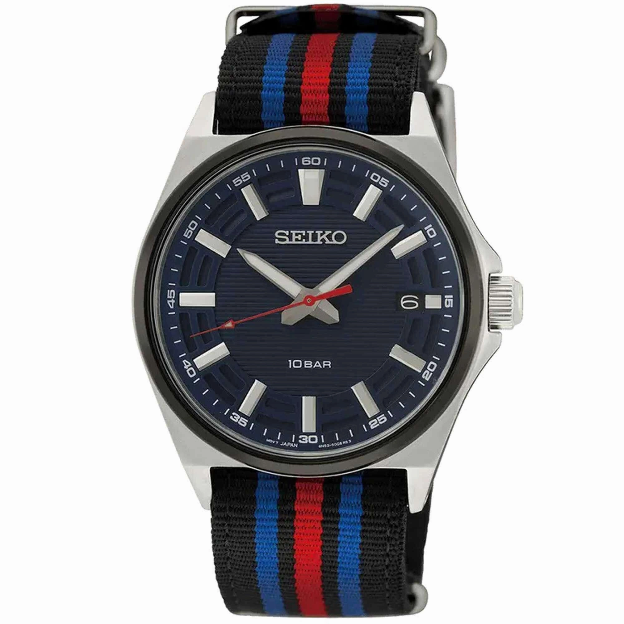 Seiko Men's Watch - Essentials Silver Tone Case Black, Blue, Red Strap | SUR509P1 Luxury Quartz Watch Quartz Watch Sale