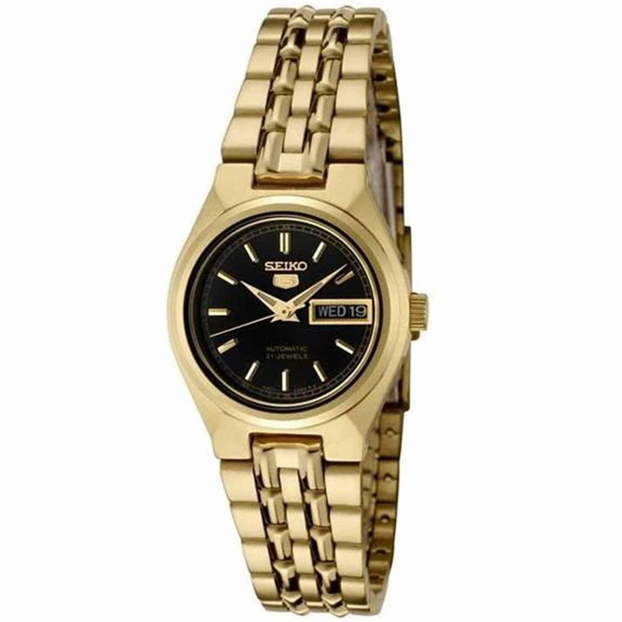 Seiko Women's Automatic Watch - 5 Sports Black Dial Yellow Gold Bracelet | SYMA06K1,automatic watch,automatic watches for men,automatic watches for women,luxury automatic watch,minimalist automatic watch,dress automatic watch,vintage automatic watch,autom