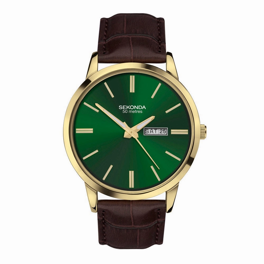Sekonda Green Dial Brown Leather Strap Mens Watch 30151 