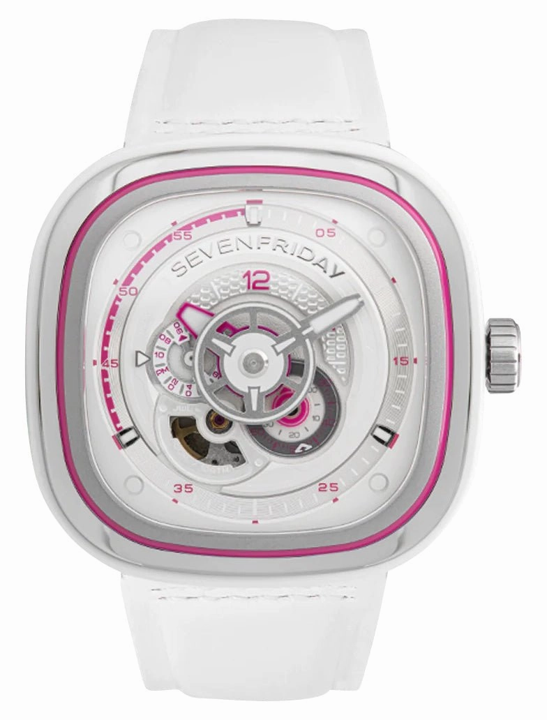SEVENFRIDAY P-Series Beach Club Automatic Stainless Steel White/Silver Dial White Leather Strap Unisex Watch P3C/12 Women??s luxury watches Affordable women watches