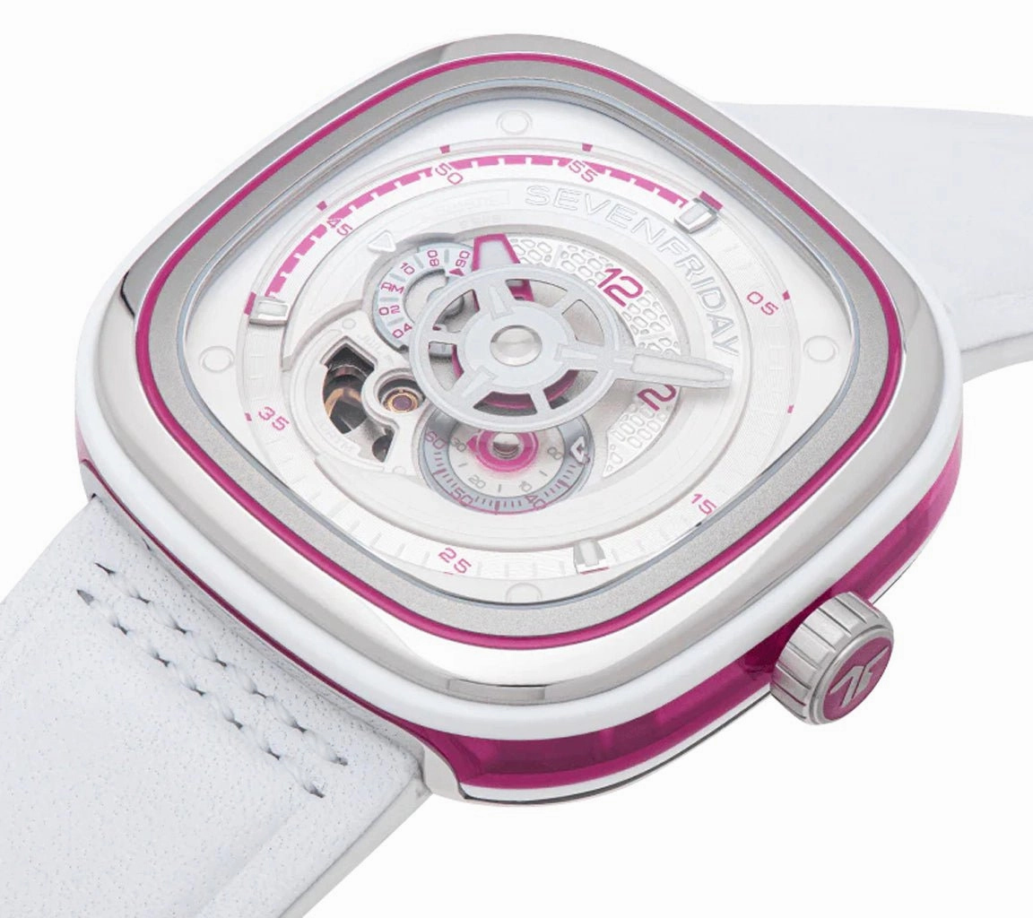 SEVENFRIDAY P-Series Beach Club Automatic Stainless Steel White/Silver Dial White Leather Strap Unisex Watch P3C/12