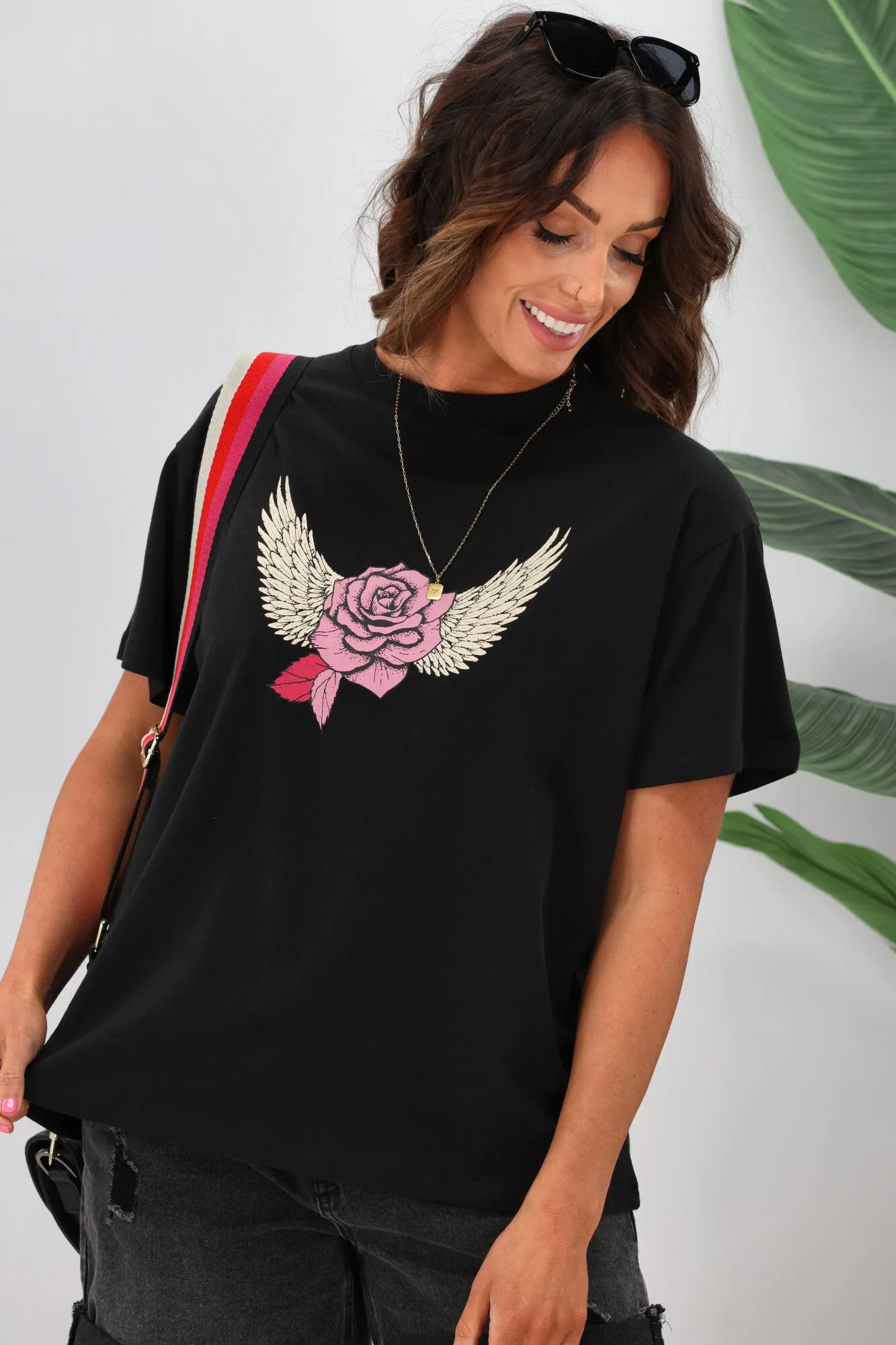 Shine On Label Rose Wing Tee Black