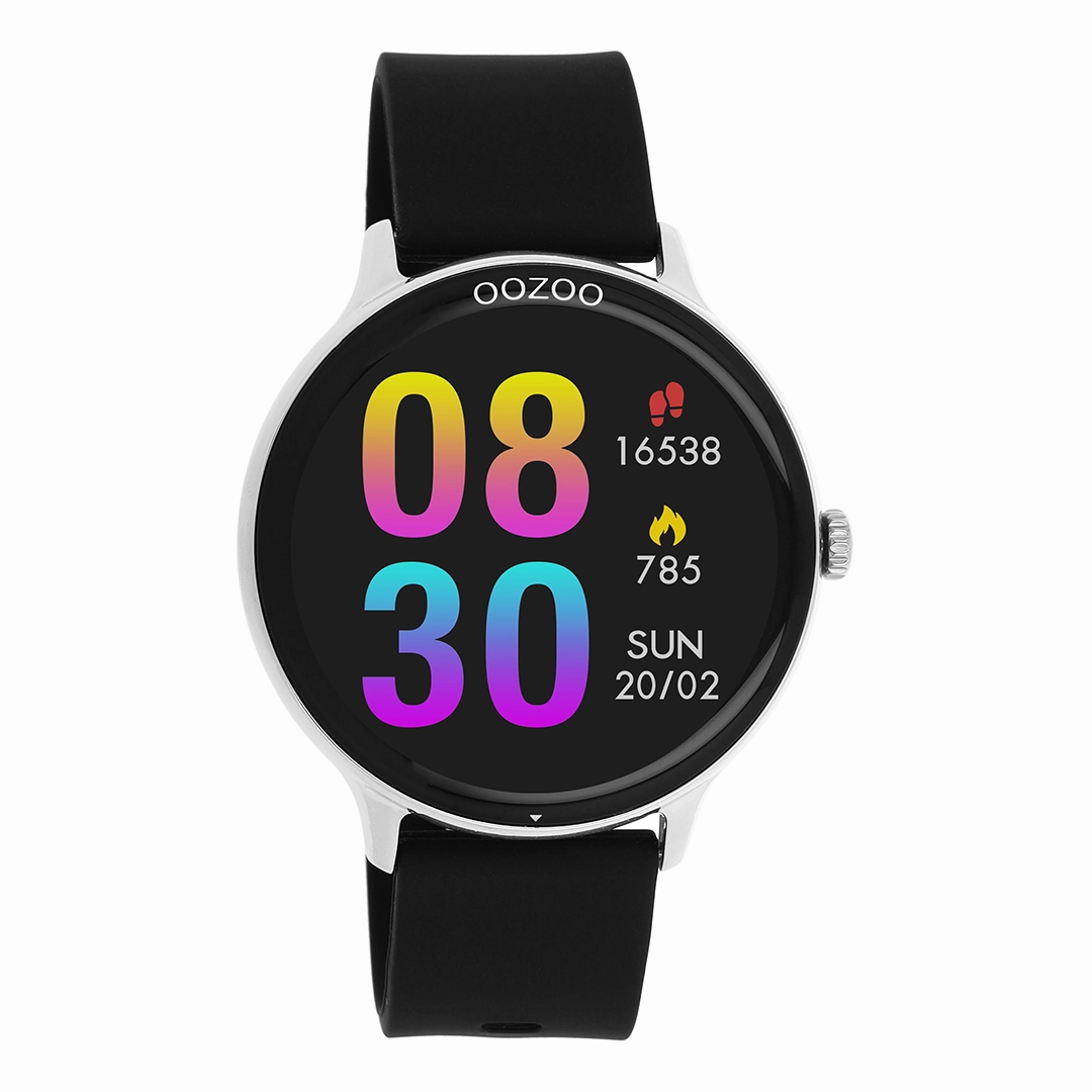 Silver coloured OOZOO smartwatch with black rubber strap - Q00130,seiko watches,mens watches,couple watches,watches designer,watches discount,best watches for men