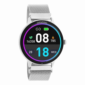 Silver coloured OOZOO smartwatch with silver coloured metal mesh bracelet - Q00135,seiko watches,mens watches,couple watches,watches designer,watches discount,best watches for men