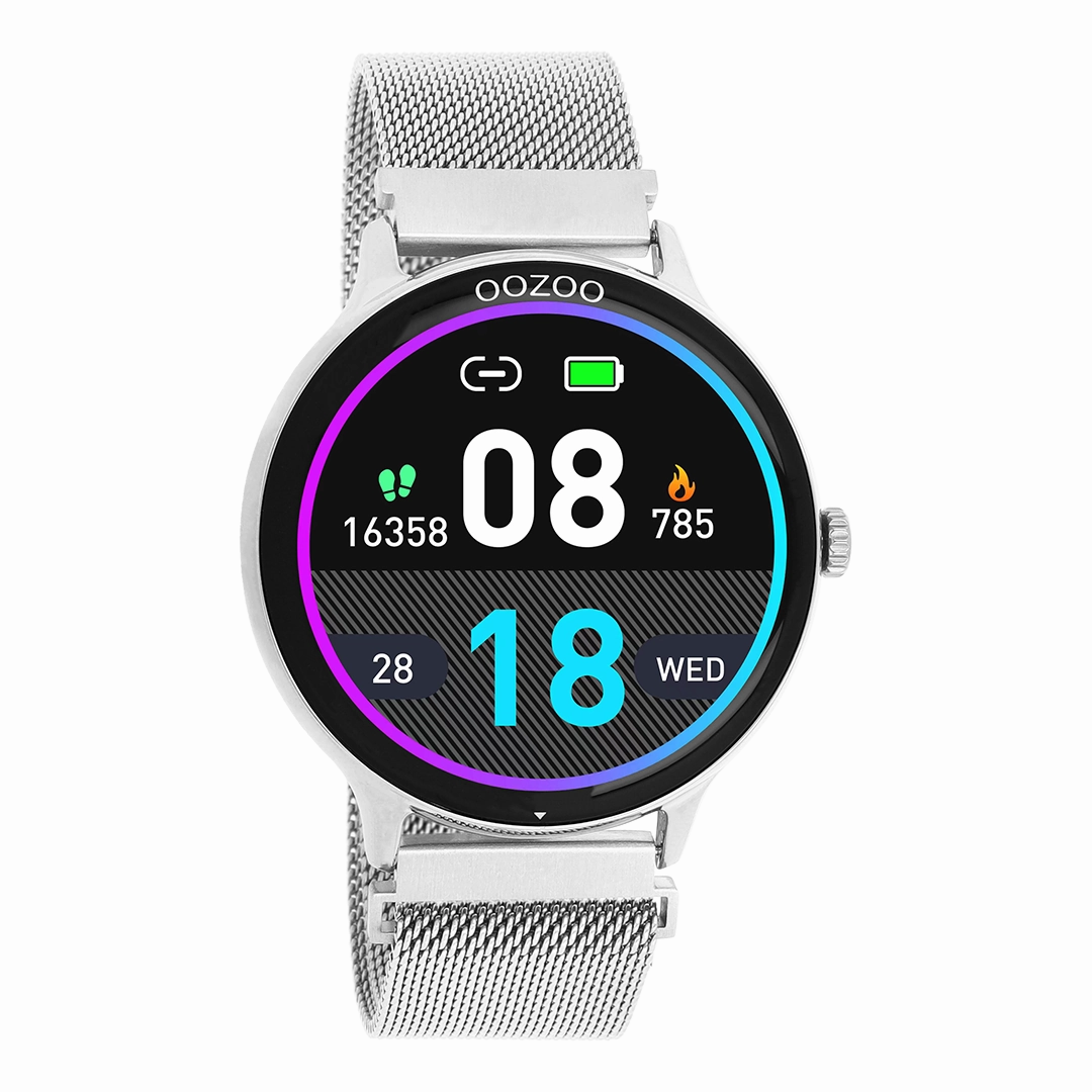 Silver coloured OOZOO smartwatch with silver coloured metal mesh bracelet - Q00135,seiko watches,mens watches,couple watches,watches designer,watches discount,best watches for men