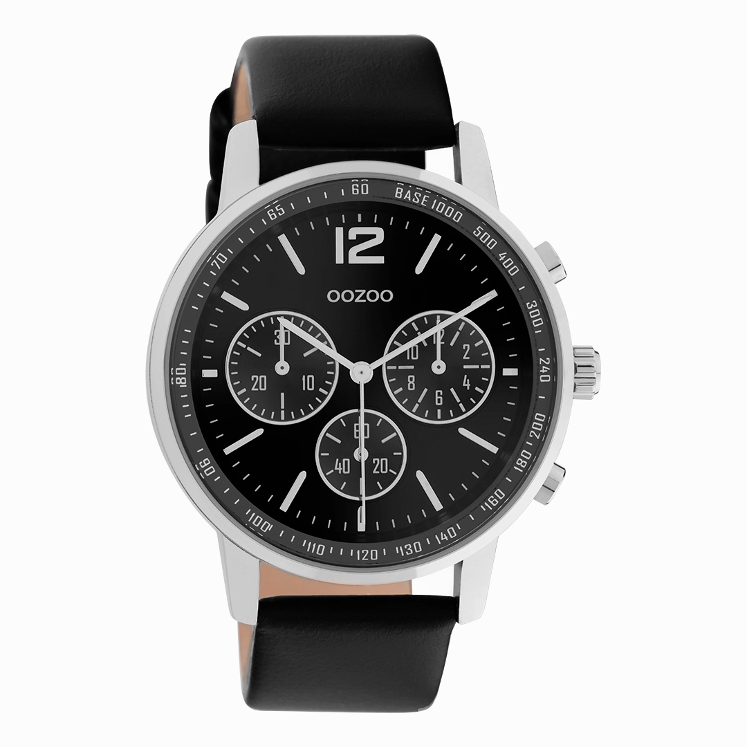 Silver coloured OOZOO watch with black leather strap - C10813,seiko watches,mens watches,couple watches,watches designer,watches discount,best watches for men