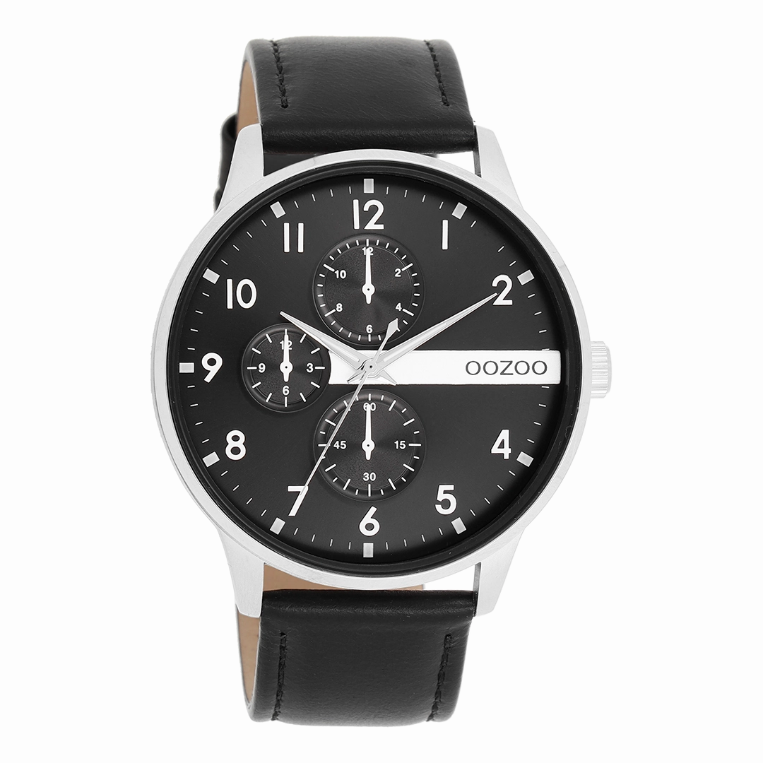 Silver coloured OOZOO watch with black leather strap - C11309,seiko watches,mens watches,couple watches,watches designer,watches discount,best watches for men