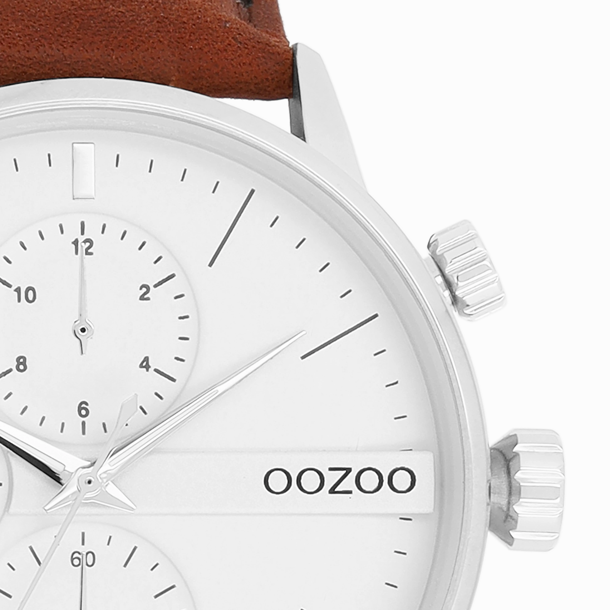 Silver coloured OOZOO watch with brown leather strap - C11220