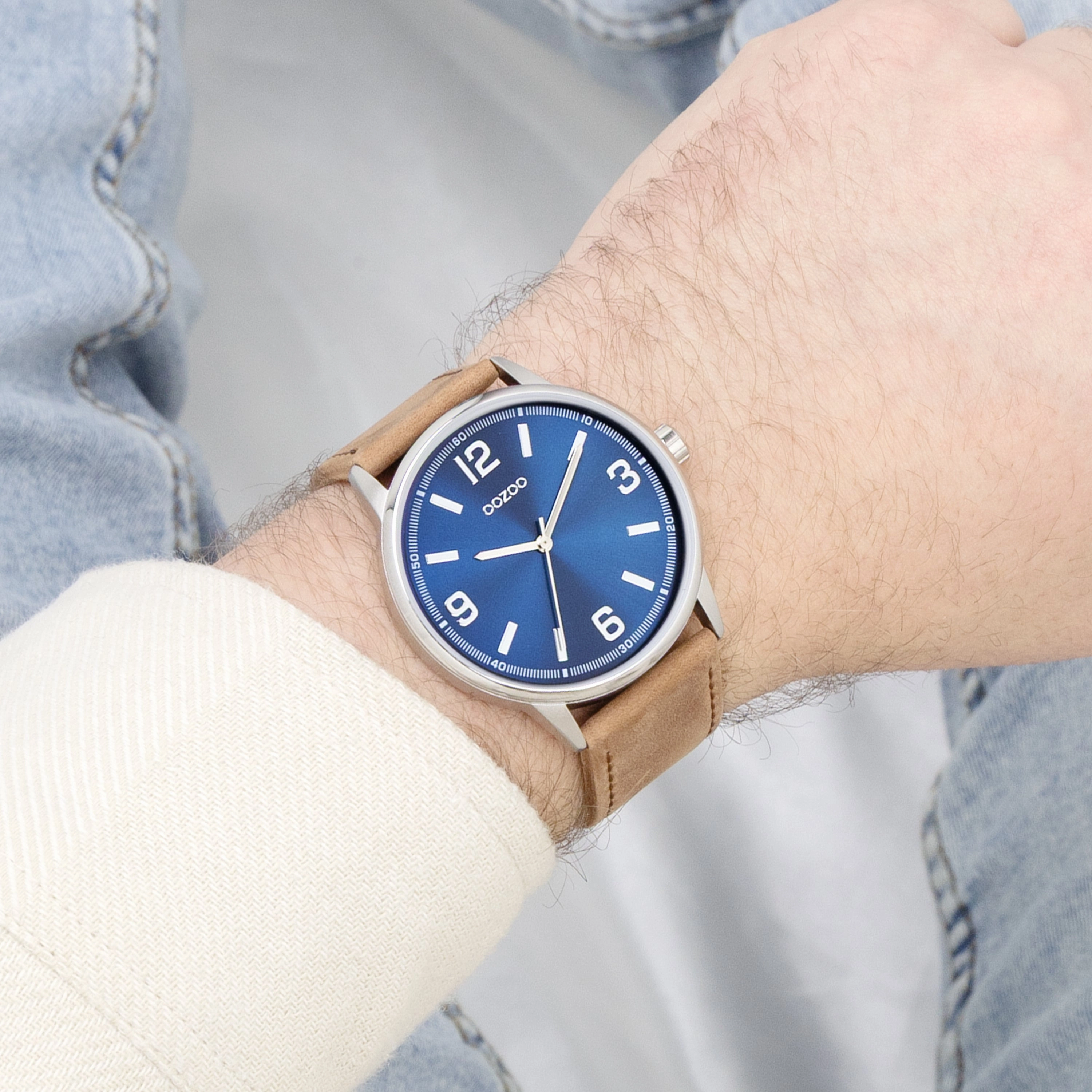 Silver coloured OOZOO watch with brown leather strap - C11501
