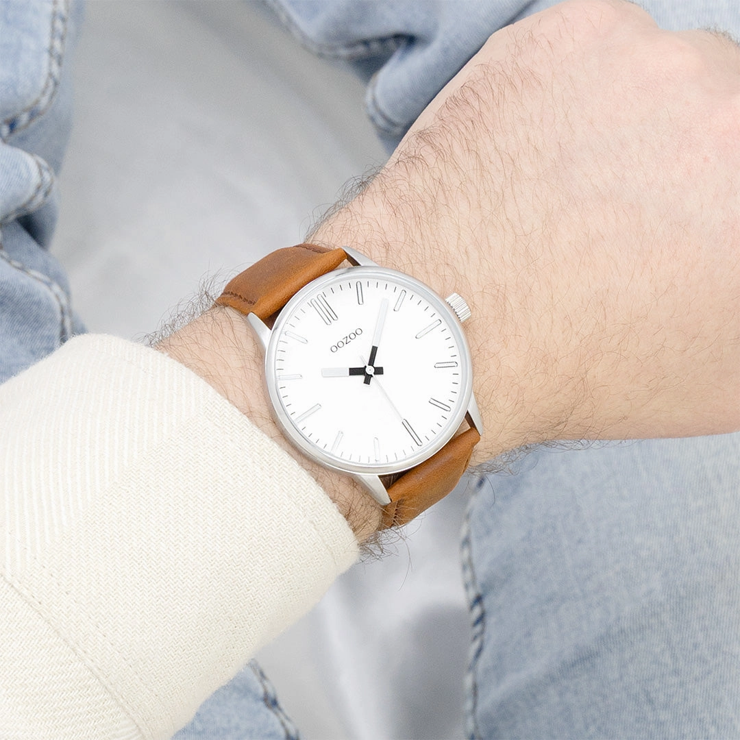 Silver coloured OOZOO watch with brown leather strap - C11513