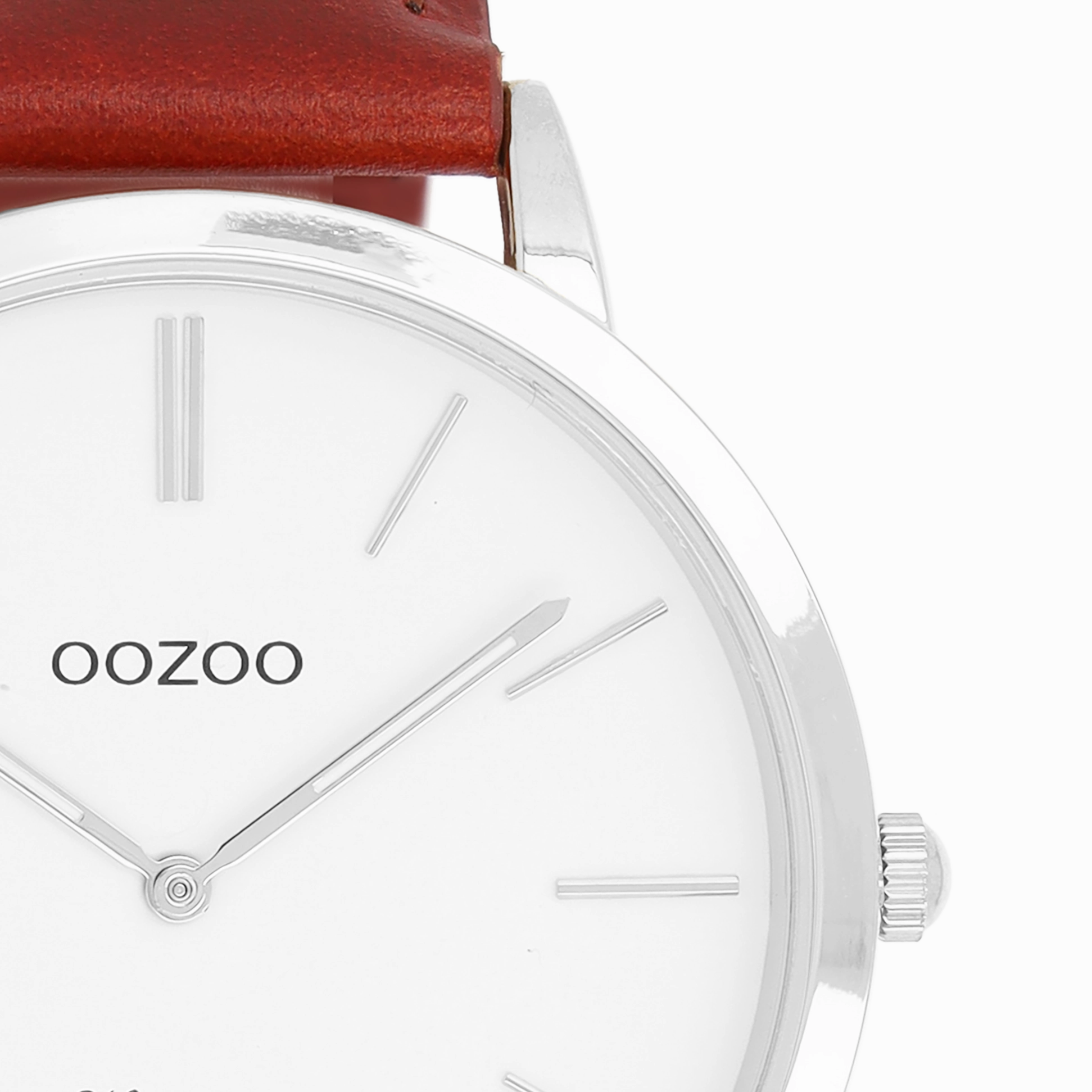 Silver coloured OOZOO watch with brown leather strap - C20385