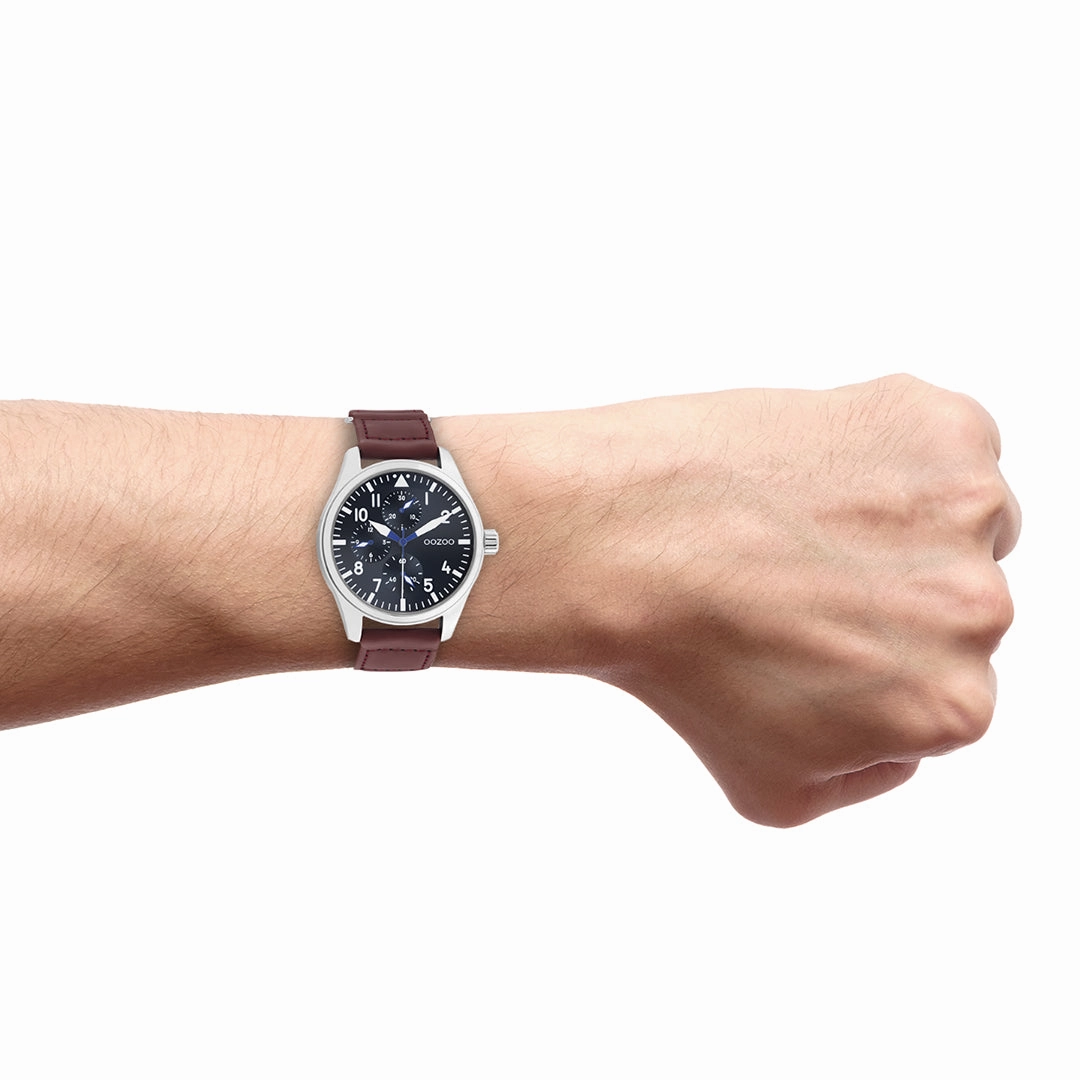 Silver coloured OOZOO watch with brown velcro strap - C11006
