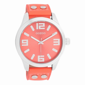 Silver coloured OOZOO watch with coral coloured leather strap - C1073,seiko watches,couple watches,watches designer,watches discount,women watches,best women watches,high end women's watches,high quality women's watches