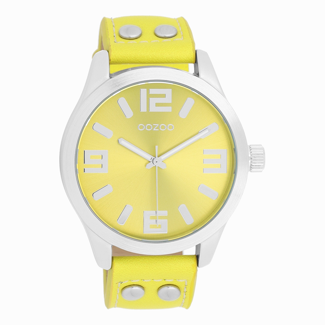 Silver coloured OOZOO watch with fluo yellow leather strap - C1071,seiko watches,couple watches,watches designer,watches discount,women watches,best women watches,high end women's watches,high quality women's watches