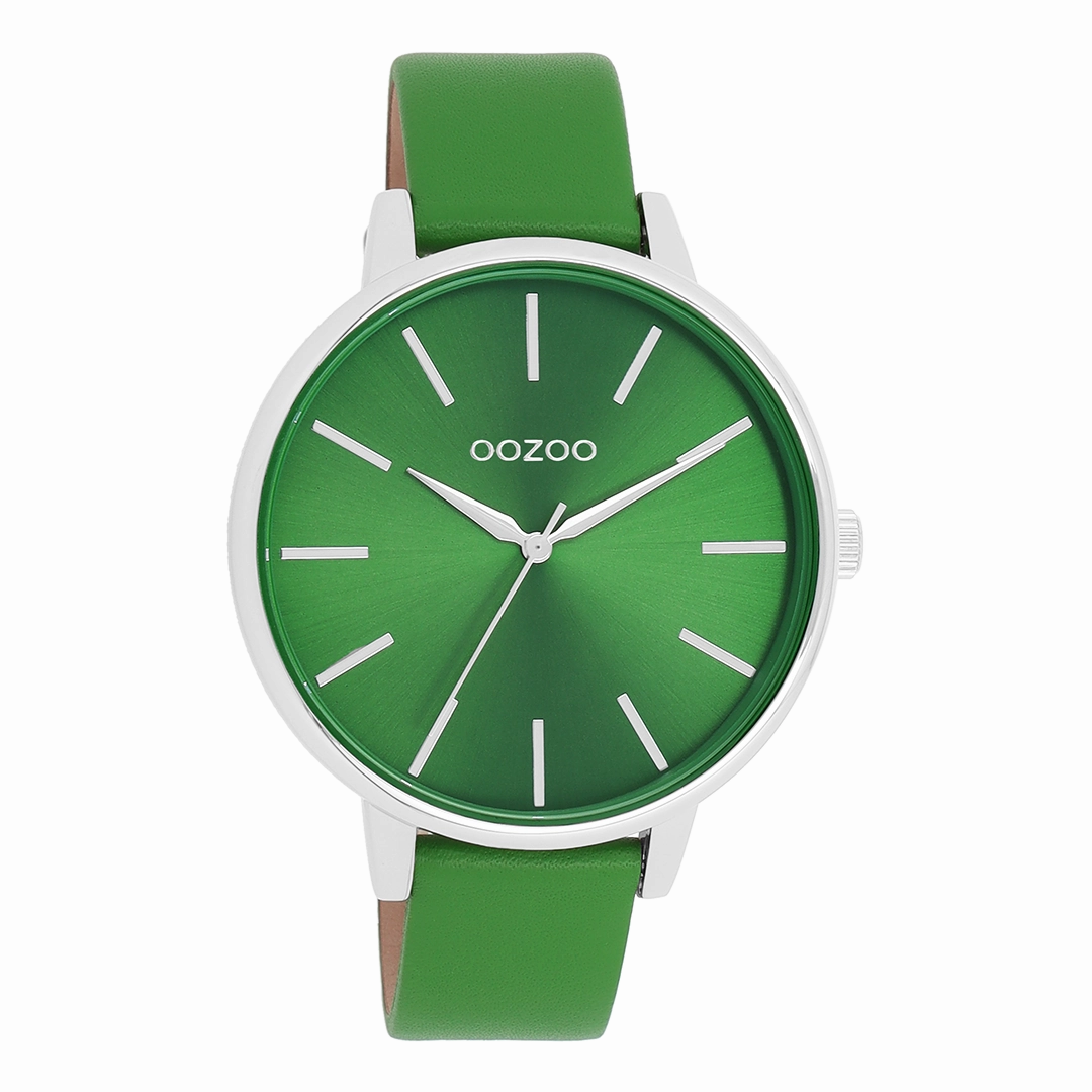 Silver coloured OOZOO watch with green leather strap - C11297,seiko watches,couple watches,watches designer,watches discount,women watches,best women watches,high end women's watches,high quality women's watches