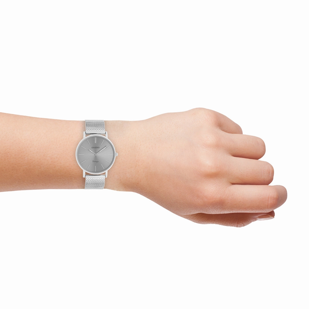 Silver coloured OOZOO watch with metal mesh bracelet - C9939