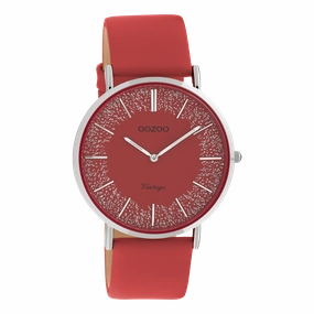 Silver coloured OOZOO watch with red leather strap - C20129,seiko watches,mens watches,couple watches,watches designer,watches discount,best watches for men