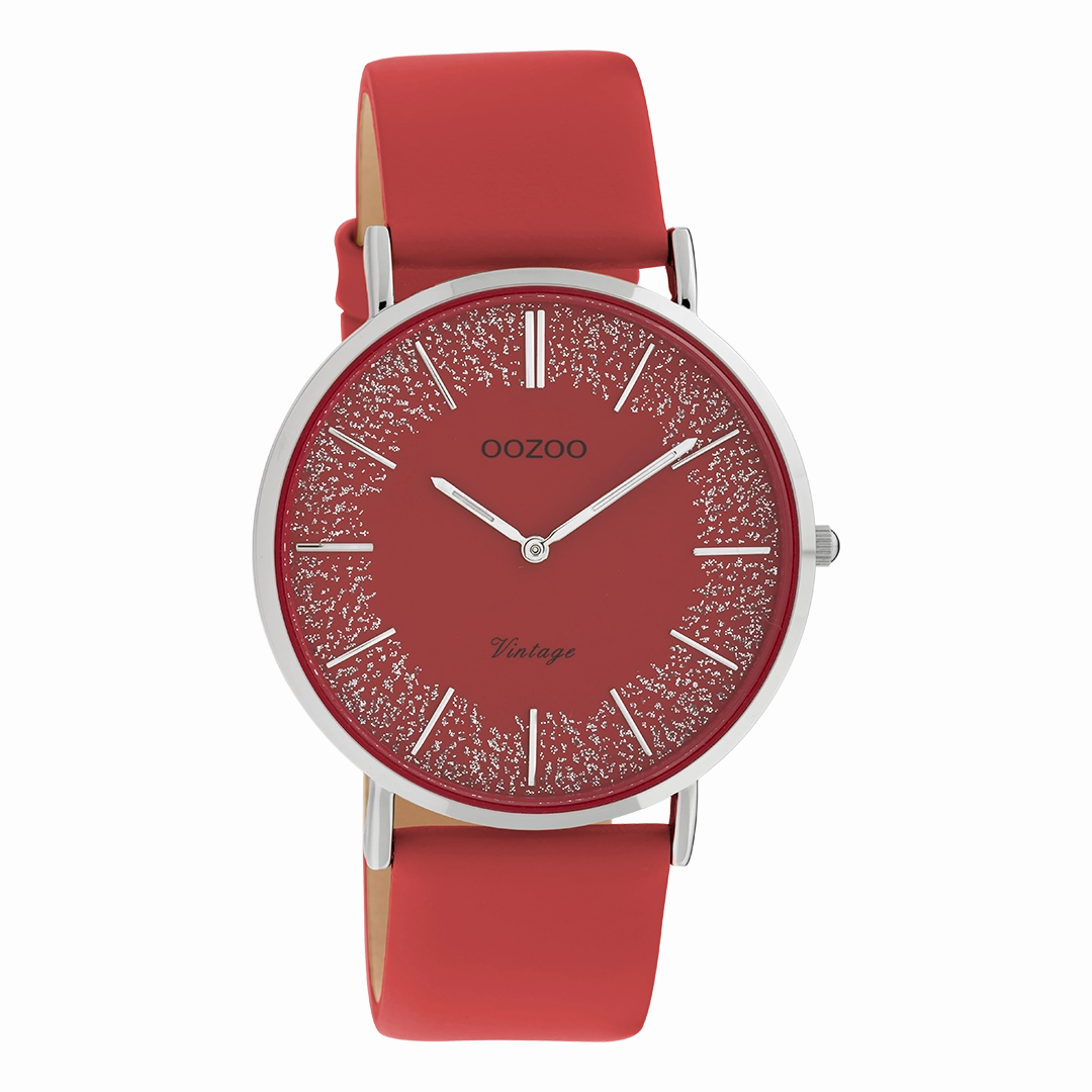 Silver coloured OOZOO watch with red leather strap - C20129,seiko watches,mens watches,couple watches,watches designer,watches discount,best watches for men